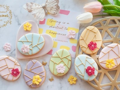 How to make GEOMETRIC EASTER EGG COOKIES with ROYAL ICING FLOWERS - Step by Step Tutorial
