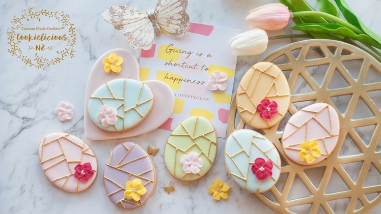How to make GEOMETRIC EASTER EGG COOKIES with ROYAL ICING FLOWERS - Step by Step Tutorial