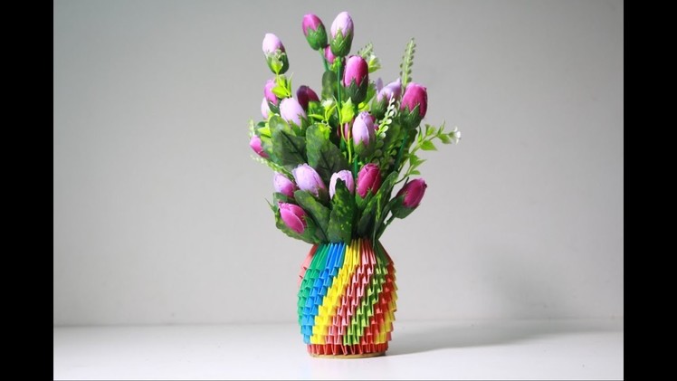 3D flower vase origami - How to Make beautiful rainbow flower vase with Paper | Room Decor Idea