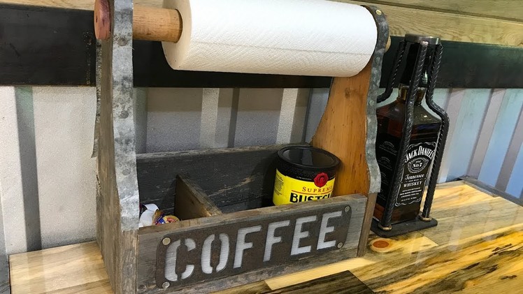 DIY Carpenter Toolbox Coffee Station - Barn-Scrap Wood + Barn Tin Paper Towel Holder
