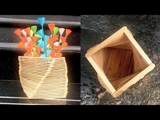 DIY, How To Make Flower Vase With Ice-Cream Sticke | کاردستی، ساخت گلدان با چوبک های آیسکریم