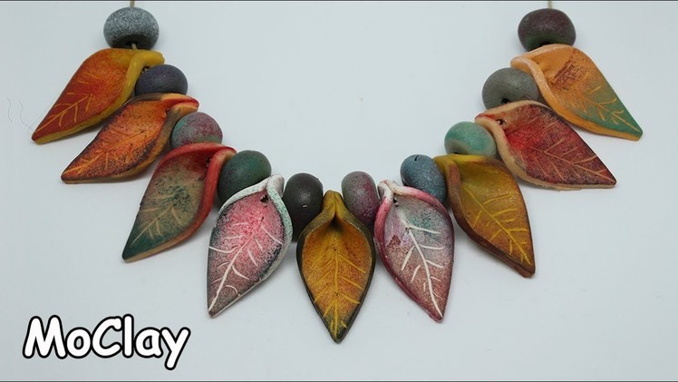 DIY leaf necklace - Inks stamps on Polymer clay