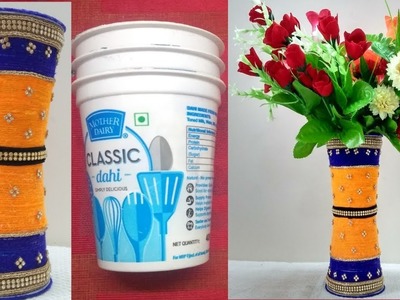 DIY: Make Flower Pot|Waste Curd Glass | Best Out Of Waste Idea | Pot With Plastic Glass & Woolen