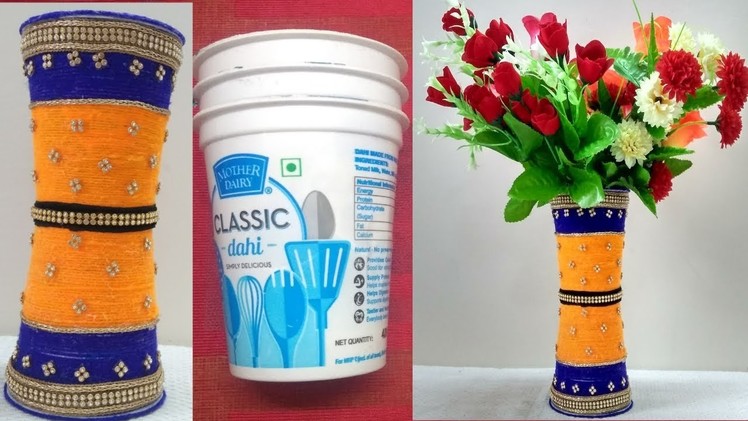 DIY: Make Flower Pot|Waste Curd Glass | Best Out Of Waste Idea | Pot With Plastic Glass & Woolen