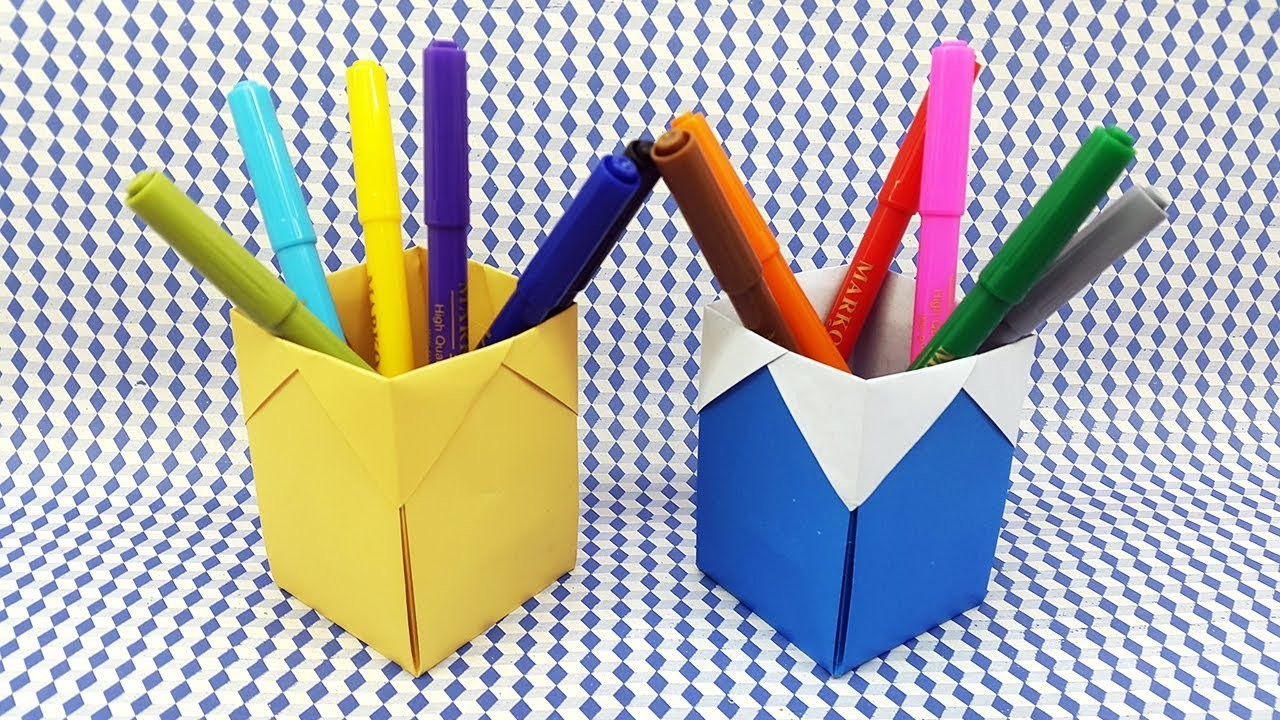 How To Make Pen Holder With Paper - Origami Pen Stand Making - DIY Paper Pencil Holder Easy