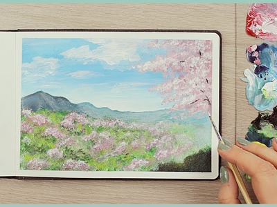 How to Paint a Cherry Blossom Scenery with Acrylics for Beginners | Art Journal Thursday Ep. 37