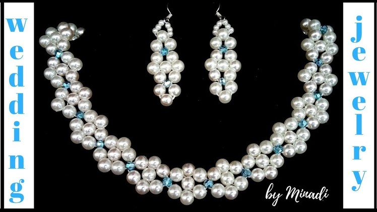 Beaded Bridal Jewelery Pattern. Wedding jewelry making.  Pearl and crystal DIY  necklace, earrings