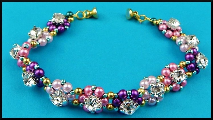 DIY | Blumen Perlen Armband | Beaded flower pearl bracelet with rhinestones | Beadwork jewelry
