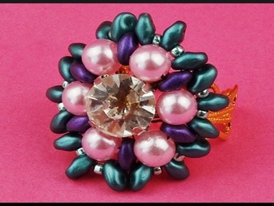 DIY | Blumen Perlen Ring mit Strassstein | Beaded flower ring with rhinestone | Beadwork jewelry