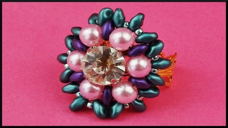 DIY | Blumen Perlen Ring mit Strassstein | Beaded flower ring with rhinestone | Beadwork jewelry