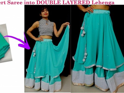 DIY: Convert Old Saree into Double Layered Lehanga only in 10 minutes| DIY Umbrella Cut Skirt