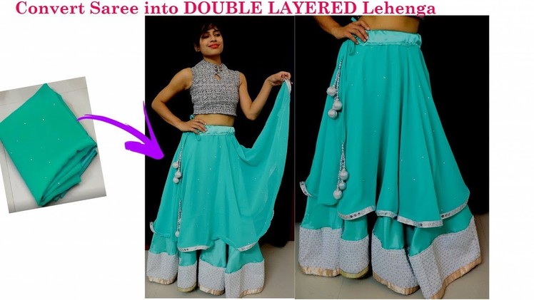 DIY: Convert Old Saree into Double Layered Lehanga only in 10 minutes| DIY Umbrella Cut Skirt