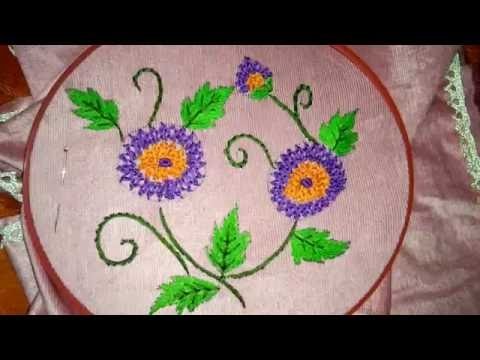 Hand embroidery braid stitch flower and long and short stitch leaves