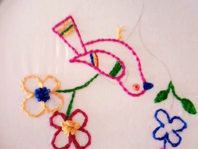 6.Hand Embroidery, A Beautiful Bird Design With Chain Stitch And French Knots