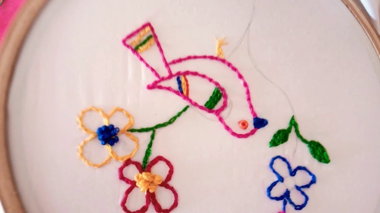 6.Hand Embroidery, A Beautiful Bird Design With Chain Stitch And French Knots