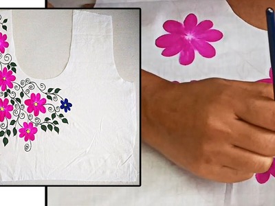 Designer Hand Painted Flower Design on Kurti Neck | Free Hand Painting on Fabric