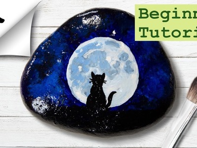 Rock Painting Tutorial For Beginners - Cat and Moon