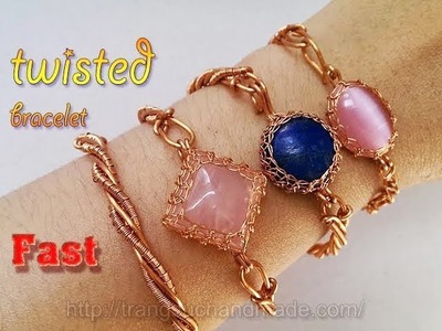 Couple twisted bracelet with copper wire and stone without holes - Fast version 341