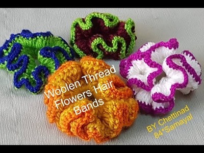 Crochet flowers.Woolen Thread Flower Hair Bands.Hand  Craft.  உள்ளன் நூல் கைவினை பூக்கள்