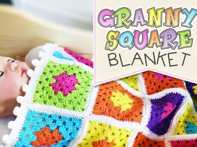 DIY Granny Square Blanket with Pom Pom Border. Free Crochet Pattern