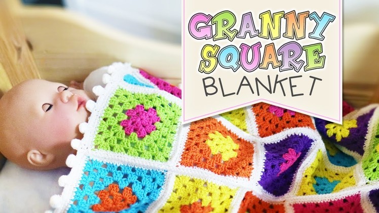 DIY Granny Square Blanket with Pom Pom Border. Free Crochet Pattern