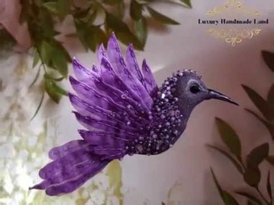 Purle Hummingbird 3D brooch Handmade Silk hand-painted Embroidery Swarovski. Брошь Колибри