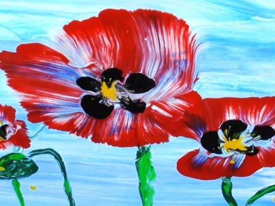 Simple, Fun and Easy Red Poppies Acrylic Fluid Art! No Brushes!