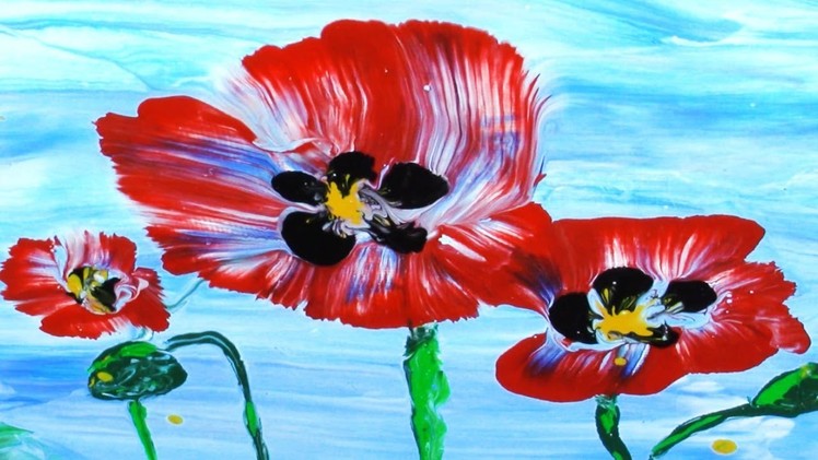Simple, Fun and Easy Red Poppies Acrylic Fluid Art! No Brushes!