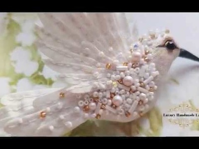 White Hummingbird 3D brooch Handmade Silk hand-painted Embroidery Swarovski. Брошь Колибри