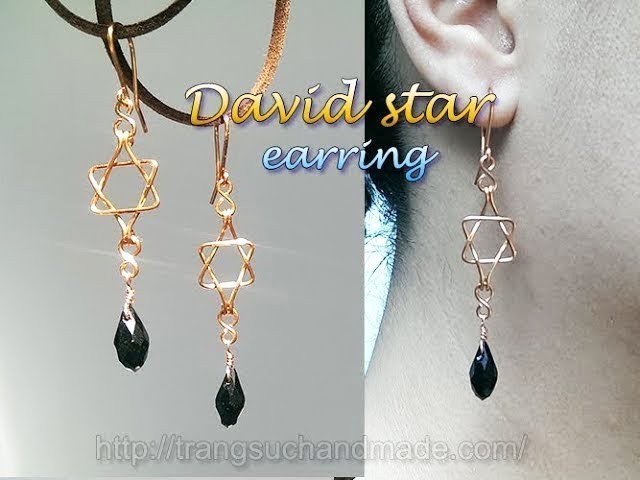 David star earring with drop crystal - Simple copper wire jewelry 352