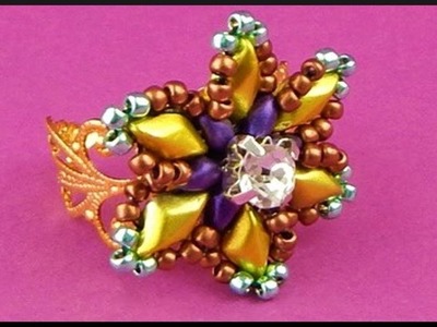 DIY | Blumen Perlen Ring | Beaded gemduo flower ring with rhinestone | Beadwork jewelry