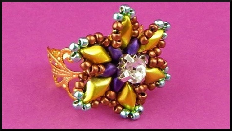 DIY | Blumen Perlen Ring | Beaded gemduo flower ring with rhinestone | Beadwork jewelry