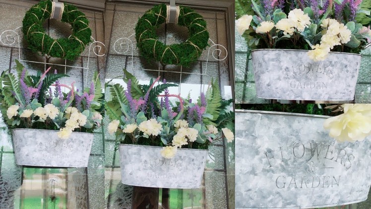 DIY Dollar Tree Front Door Floral Decor | DIY Moss Wreath | DIY Aged Looking Tin Tub