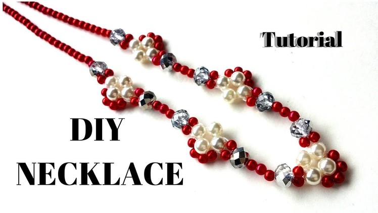 Easy diy beading pearl necklace tutorial . Red color necklace. DIY handmade necklace