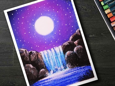 How to DRAW Moonlight waterfall Scenery with Oil Pastels step by step