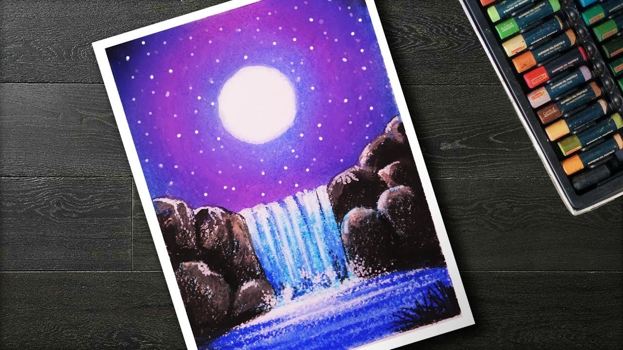 How to DRAW Moonlight waterfall Scenery with Oil Pastels step by step