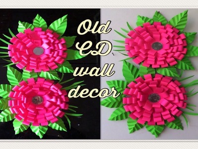 How to make craft paper ribbon flowers wall hanging using old CD using mirror kids  2018 craft ideas