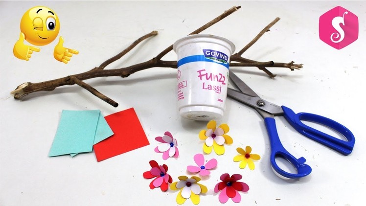 Paper Flowers Craft | Make Easy Wall ShowPiece from Dry Branches,Thermocol & IceCream Glass