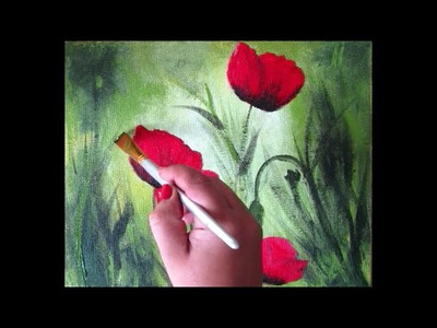 Red poppy painting in acrylic on canvas panel