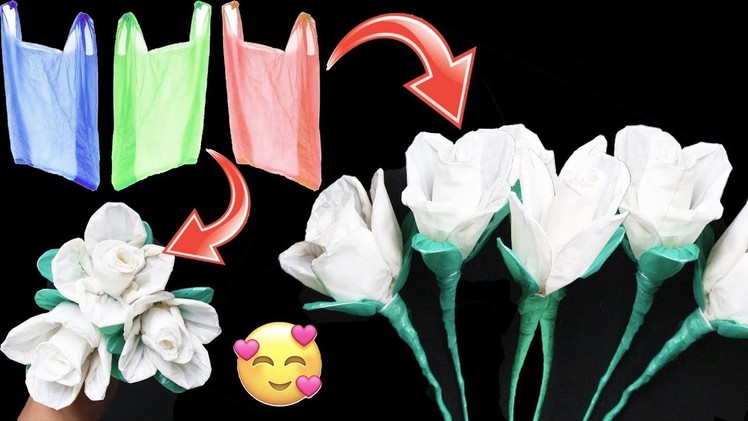 Reuse idea with plastic carry bags | How To Make White Rose's Using Plastic Carry Bag | Eti's ETC