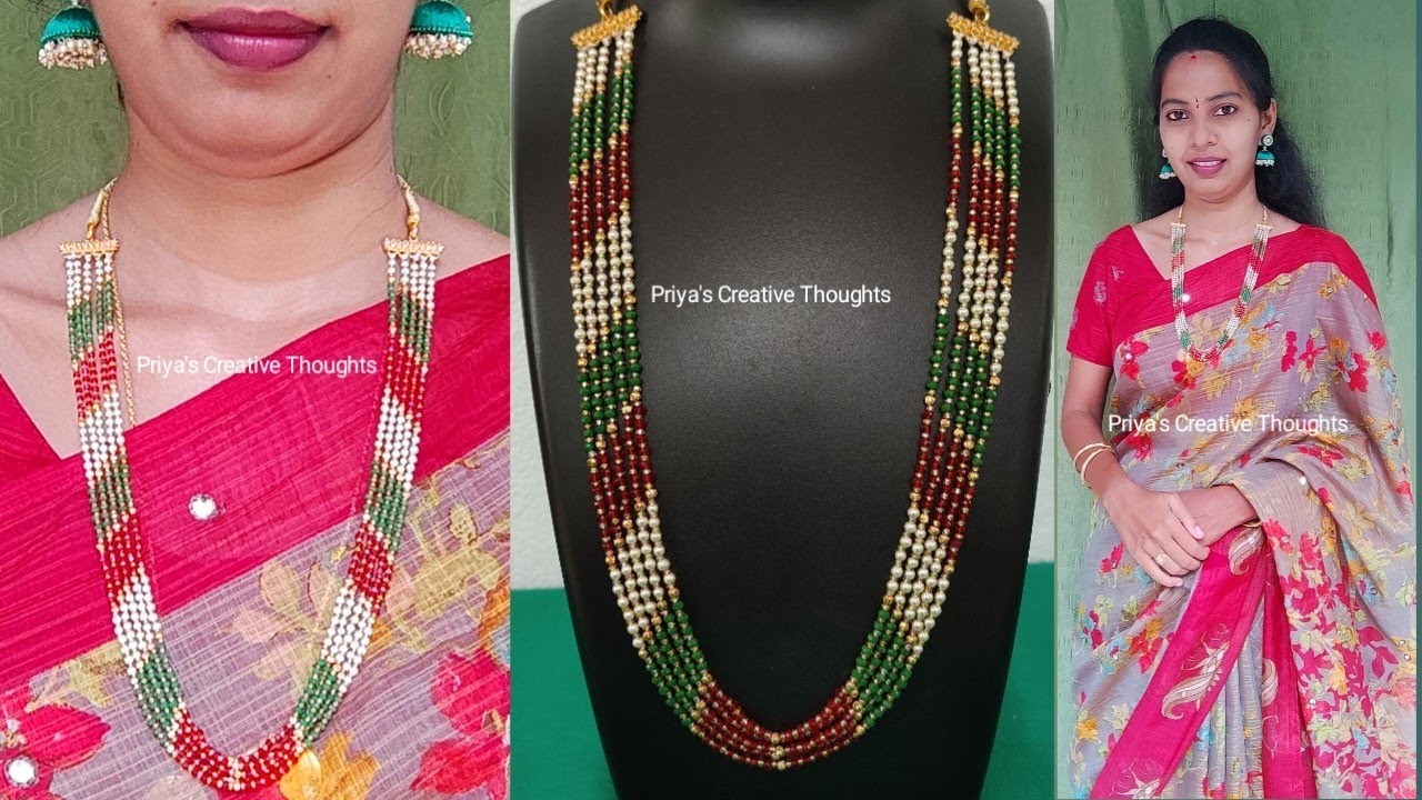 New design Long Haaram | Beaded chain making | DIY handmade necklace | pearl design |  beads design