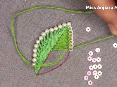 Beaded made hand embroidery leaf, how to make extraordinary hand embroidery, Miss Anjiara Monsur