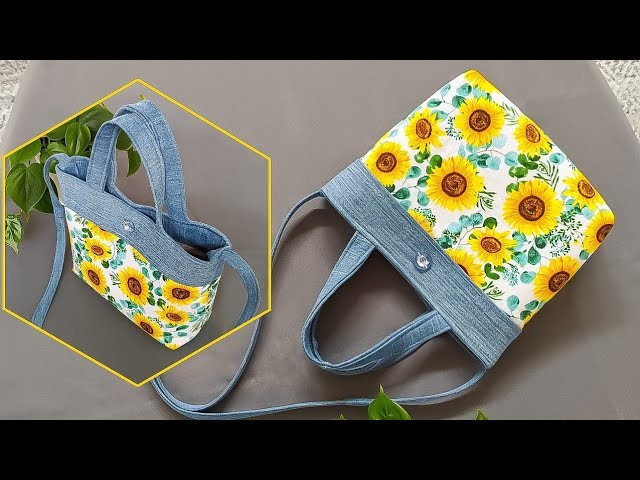 DIY Easy No Zipper Cute Floral and Denim Crossbody Handbag with Pockets Out of Old Jeans | Upcycle