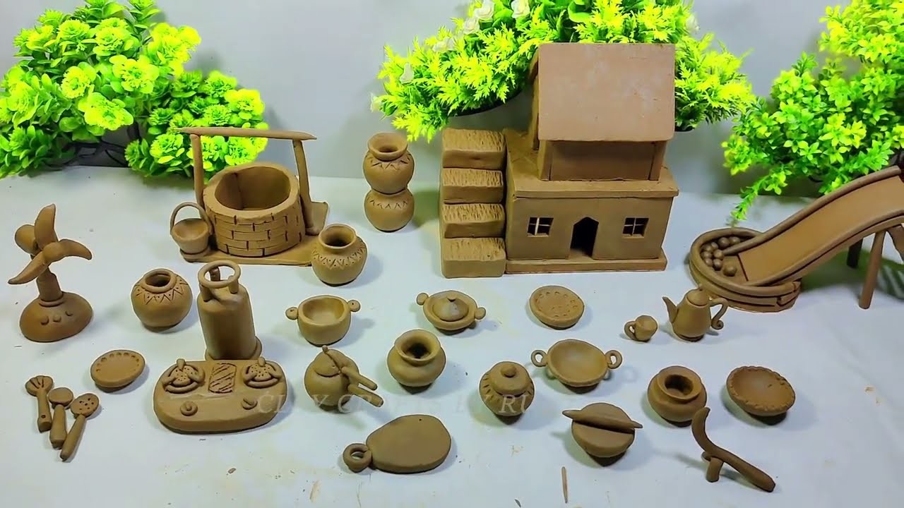 DIY How to make polymer clay miniature house, kitchen set,Bullock cart, Hand Pump,Tree | Village