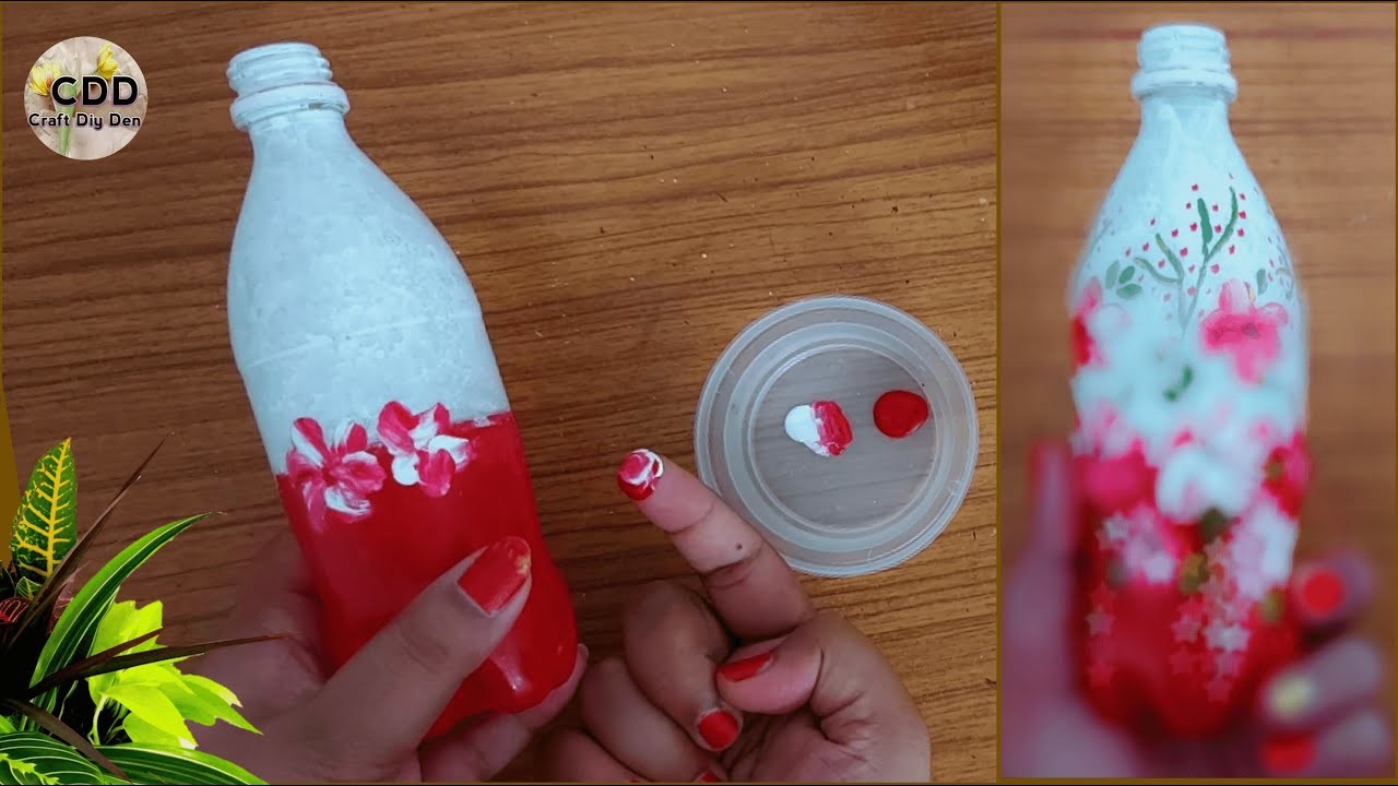 Beautiful red and white bottle painting idea. Easy glass bottle painting technique with finger