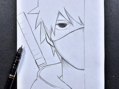 Easy anime sketch | how to draw anbu kakashi half face step-by-step