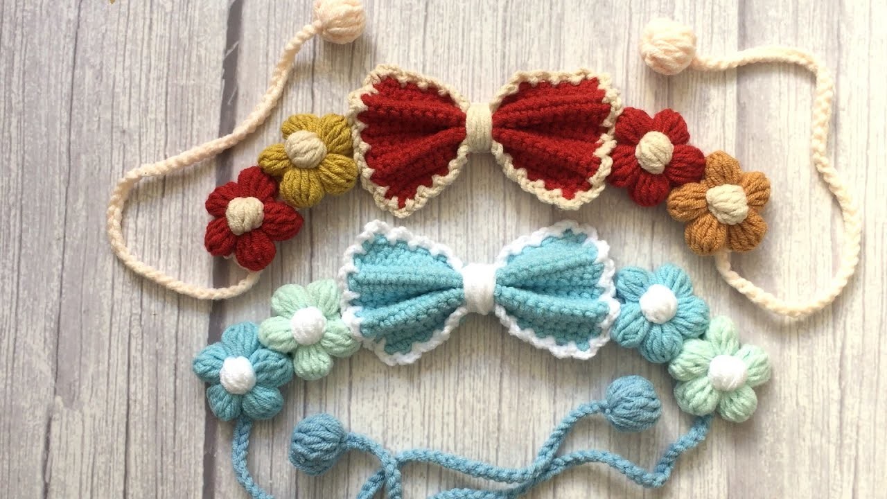 #52 Crochet bow and puff flowers pet collar Crochet tutorial