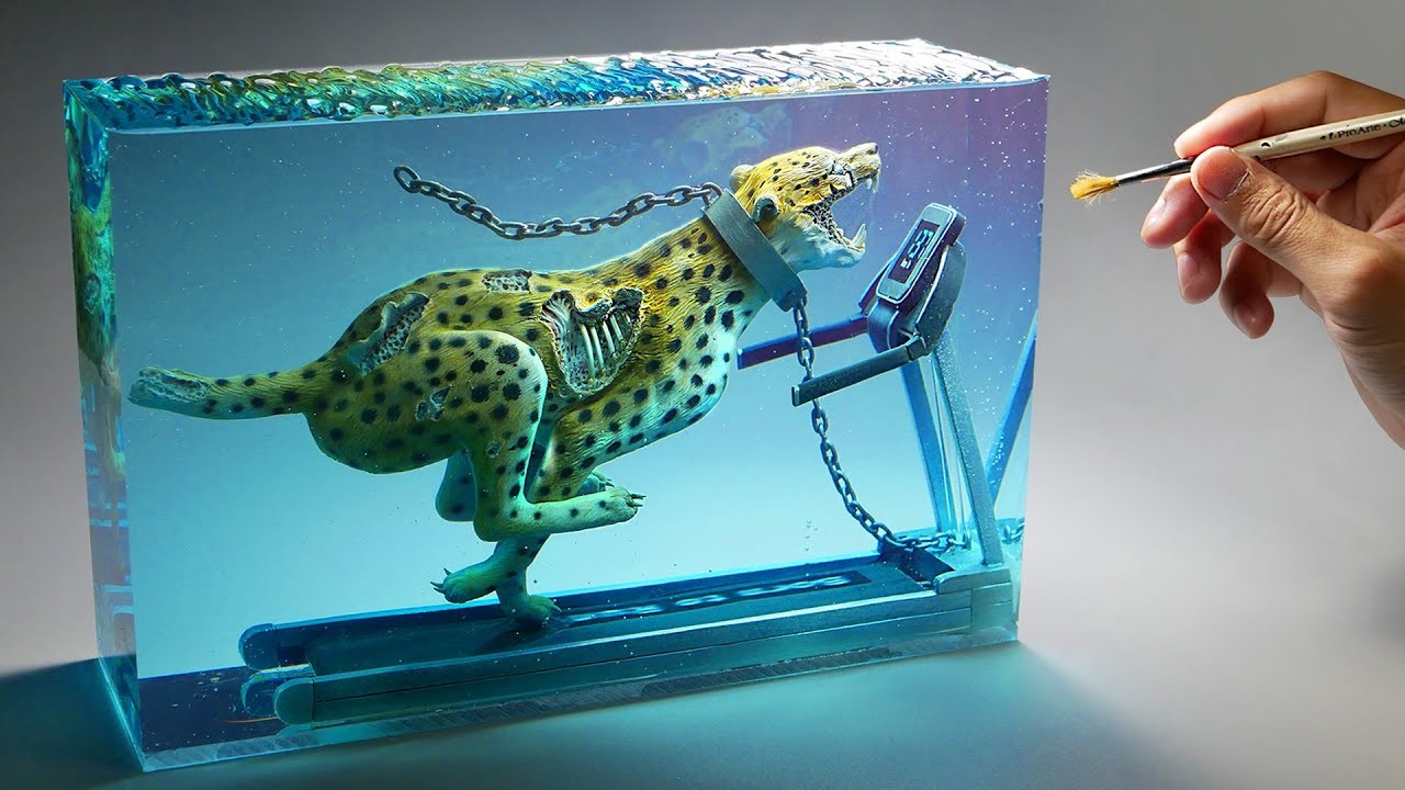 How To Make a Zombie Cheetah Running On a Treadmill Diorama. Polymer Clay. Epoxy resin