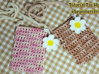 Simple Crochet Phone Bag with Flower Charm | Tas Rajut Hp Selempang