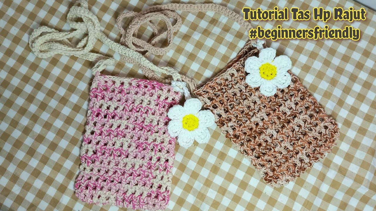 Simple Crochet Phone Bag with Flower Charm | Tas Rajut Hp Selempang